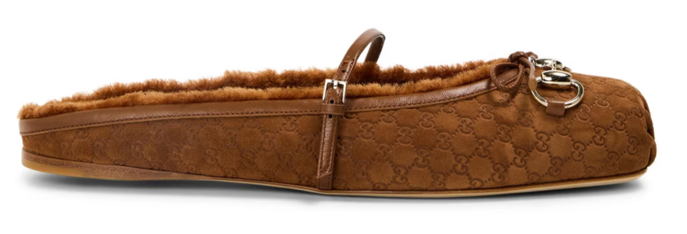 Gucci Brown Suede GG Logo Fur Horsebit Backless Strap Slide Mule Ballet Flat 36